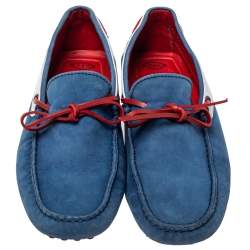 Pre Owned Tod's For Ferrari Blue/Red Nubuck Leather Bow Slip On Loafers Size 41