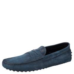 مملوكة مسبقًا Tod's Navy Blue Nubuck Leather Penny Slip On Loafers Size 45.5