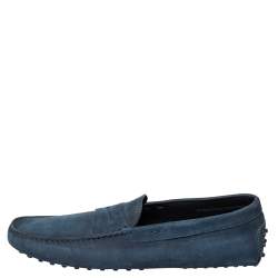 مملوكة مسبقًا Tod's Navy Blue Nubuck Leather Penny Slip On Loafers Size 45.5