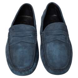 مملوكة مسبقًا Tod's Navy Blue Nubuck Leather Penny Slip On Loafers Size 45.5