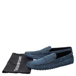 مملوكة مسبقًا Tod's Navy Blue Nubuck Leather Penny Slip On Loafers Size 45.5
