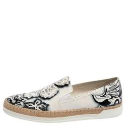 مملوكة مسبقًا Tod's White Printed Leather Espadrille Slip On Sneakers Size 36.5