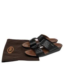 Pre Owned Tod's Black Ostrich Embossed Leather Slide Sandals Size 44.5