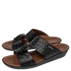 Pre Owned Tod's Black Ostrich Embossed Leather Slide Sandals Size 44.5
