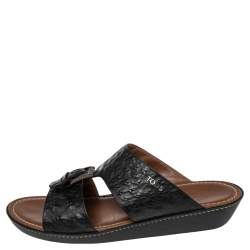 Pre Owned Tod's Black Ostrich Embossed Leather Slide Sandals Size 44.5