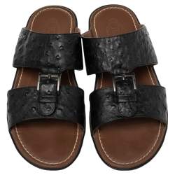 Pre Owned Tod's Black Ostrich Embossed Leather Slide Sandals Size 44.5