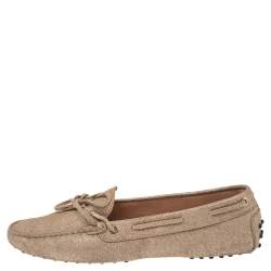 Pre Owned Tod's Metallic Gold Canvas Bow Loafers Size 42