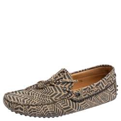 Pre Owned Tod's Grey/Beige Printed Leather Bow Slip On Loafers Size 41.5