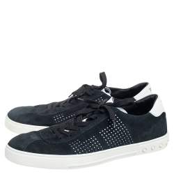 Pre Owned Tod's Black Suede Perforated T Detail Lace Up Sneakers Size 45.5