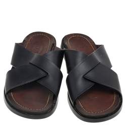 Tod's Black Leather Criss Cross Flat Slides Size 43