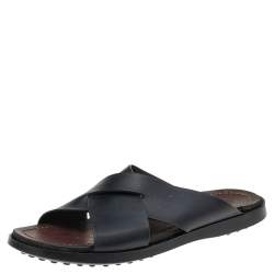 Tod's Black Leather Criss Cross Flat Slides Size 43