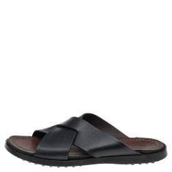 Tod's Black Leather Criss Cross Flat Slides Size 43