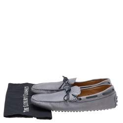 Tod's Grey/Navy Blue Leather Braided Bow Slip On Loafers Size 47