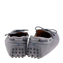 Tod's Grey/Navy Blue Leather Braided Bow Slip On Loafers Size 47