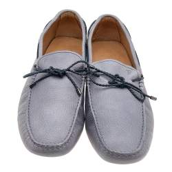 Tod's Grey/Navy Blue Leather Braided Bow Slip On Loafers Size 47