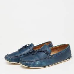 Pre Owned Tod's Blue Leather Bow Slip-On Loafers Size 42.5