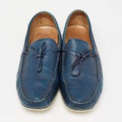 Pre Owned Tod's Blue Leather Bow Slip-On Loafers Size 42.5