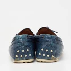 Pre Owned Tod's Blue Leather Bow Slip-On Loafers Size 42.5