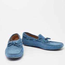 Pre Owned Tod's Blue Suede Bow Slip On Loafers Size 44.5