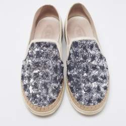 مملوكة مسبقًا Tod's Cream Leather And Sequin Embellished Espadrille Loafers Size 40