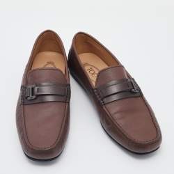Pre Owned Tod's Brown Leather Logo Buckle Slip On Loafers Size 41.5