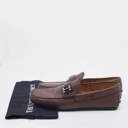 Pre Owned Tod's Brown Leather Logo Buckle Slip On Loafers Size 41.5