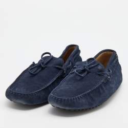 Pre Owned Tod's Navy Blue Suede Bow Slip On Loafers Size 45.5
