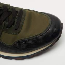 Pre Owned Tods Green/Black Nylon and Leather Low Top Sneakers Size 46.5