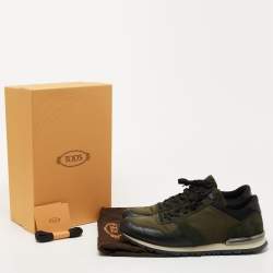 Pre Owned Tods Green/Black Nylon and Leather Low Top Sneakers Size 46.5