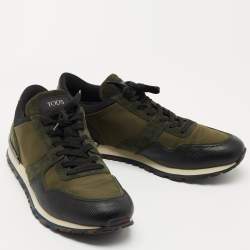 Pre Owned Tods Green/Black Nylon and Leather Low Top Sneakers Size 46.5