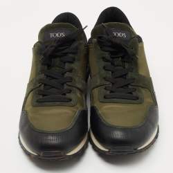 Pre Owned Tods Green/Black Nylon and Leather Low Top Sneakers Size 46.5
