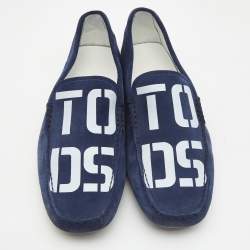 Pre Owned Tod's Navy Blue Logo Print Suede Slip On Loafers Size 42.5