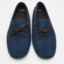 Pre Owned Tod's Navy Blue Nubuck Leather Bow Loafers Size 44