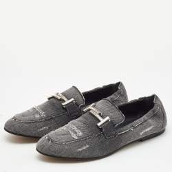 Tod's Dark Grey Denim Double T Crystal Embellished Loafers Size 41