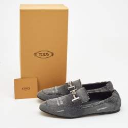 Tod's Dark Grey Denim Double T Crystal Embellished Loafers Size 41