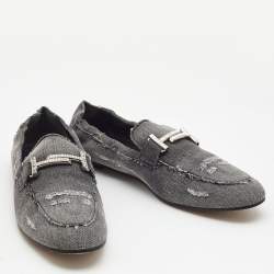 Tod's Dark Grey Denim Double T Crystal Embellished Loafers Size 41