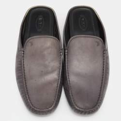 Pre Owned Tod's Metallic Grey Leather Flat Loafer Mules Size 45.5