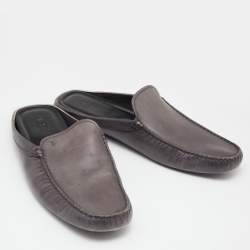 Pre Owned Tod's Metallic Grey Leather Flat Loafer Mules Size 45.5
