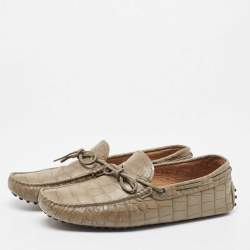 Pre Owned Tod's Olive Green Croc Embossed Leather Bow Slip On Loafers Size 43