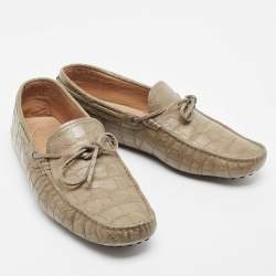 Pre Owned Tod's Olive Green Croc Embossed Leather Bow Slip On Loafers Size 43