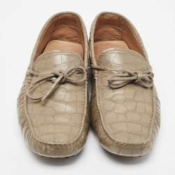 Pre Owned Tod's Olive Green Croc Embossed Leather Bow Slip On Loafers Size 43