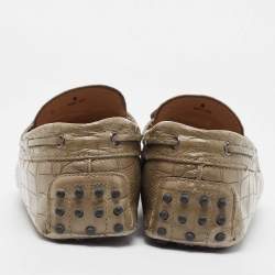 Pre Owned Tod's Olive Green Croc Embossed Leather Bow Slip On Loafers Size 43