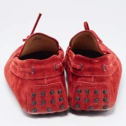 Pre Owned Tod's Red Suede Gommino Bow Driving Slip On Loafers Size 43