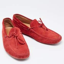 Pre Owned Tod's Red Suede Gommino Bow Driving Slip On Loafers Size 43