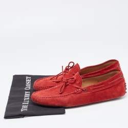 Pre Owned Tod's Red Suede Gommino Bow Driving Slip On Loafers Size 43