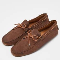 Pre Owned Tod's Brown Textured Nubuck Leather Bow Slip On Loafers Size 43