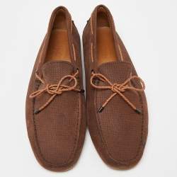 Pre Owned Tod's Brown Textured Nubuck Leather Bow Slip On Loafers Size 43