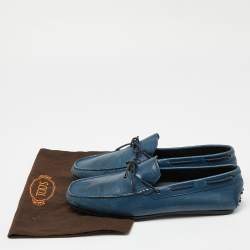 Pre Owned Tod's Blue Leather Bow Slip On Loafers Size 43