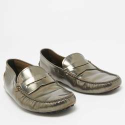 Tod's Metallic Green Leather Penny Slip On Loafers Size 41