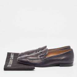 Tod's Black Navy Blue Leather Double T Buckle Slip On Loafers Size 42